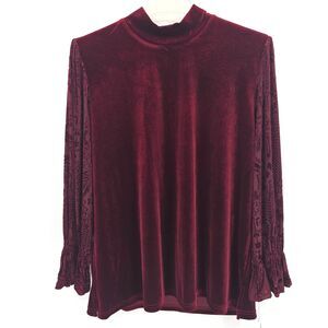 Calessa Turtleneck Tunic Top Womens Size XL Red Wine  Floral Velvet Burnout Boho